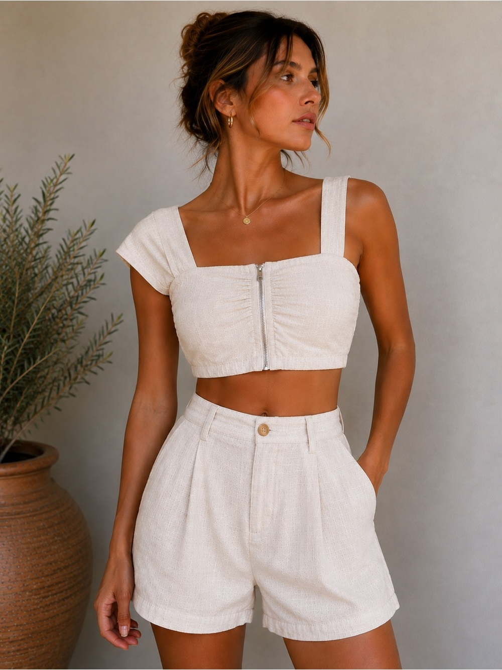 PrettyLittleThing Cream Textured Cropped Tank with Front Zip
